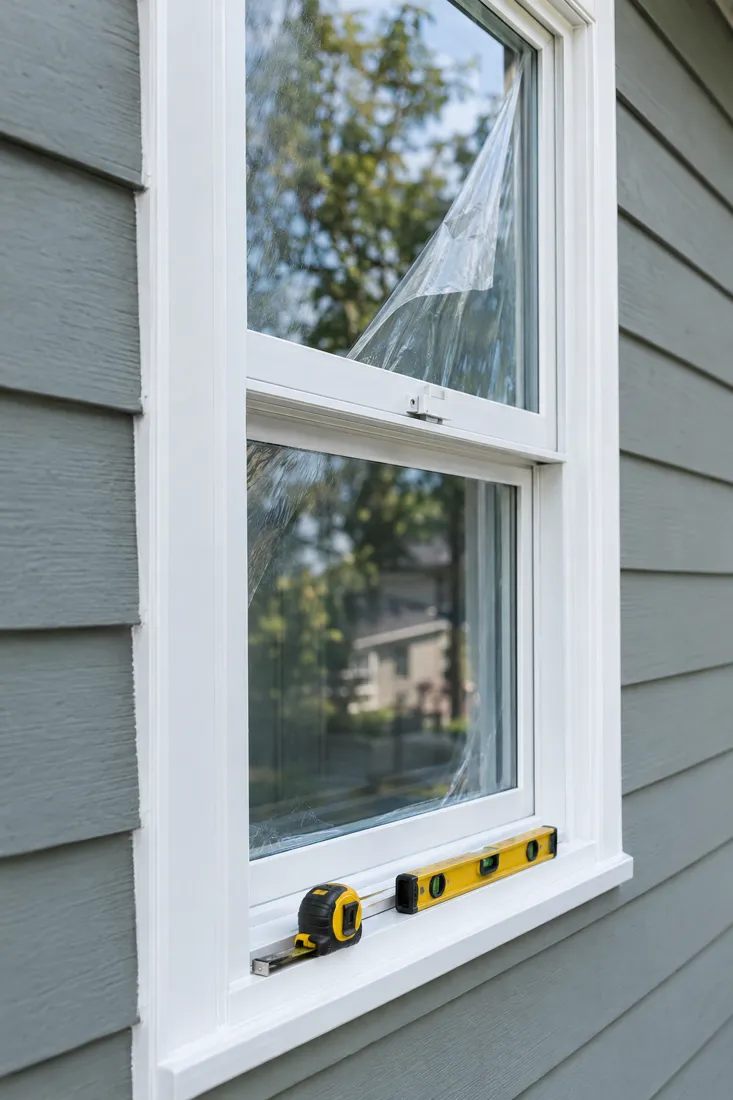 New white vinyl double-hung window installed in lap siding with a level on the sill